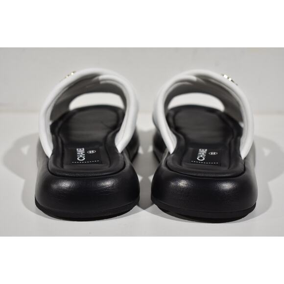 Chanel Black White Fabric Criss Cross Puffy CC Logo Slide Mule Sandal Flat 38 - Picture 11 of 12